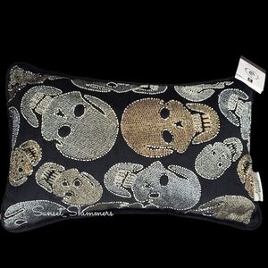 16" Beaded Silver & Bronze Embroidered Skull Halloween Lumbar Pillow Decor New